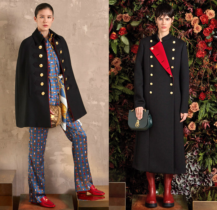 Mulberry 2020-2021 Fall Autumn Winter Womens Lookbook Presentation - Mode à Paris Fashion Week France - Traditional Plaid Check Tartan Bucket Hat Military Trench Coat Tweed Pantsuit Blazer Pussycat Bow Brooch Scarf Medals Flowers Floral Embroidery Bedazzled Gems Sheer Tulle Butterflies Leopard Lounge Sleepwear Pajamas Metal Gold Brocade Tied Wide Leg Skirt Prairie Dress Handbag Tote Boots Loafers Cap Toe