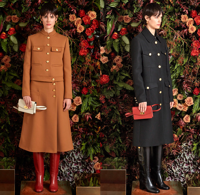 Mulberry 2020-2021 Fall Autumn Winter Womens Lookbook Presentation - Mode à Paris Fashion Week France - Traditional Plaid Check Tartan Bucket Hat Military Trench Coat Tweed Pantsuit Blazer Pussycat Bow Brooch Scarf Medals Flowers Floral Embroidery Bedazzled Gems Sheer Tulle Butterflies Leopard Lounge Sleepwear Pajamas Metal Gold Brocade Tied Wide Leg Skirt Prairie Dress Handbag Tote Boots Loafers Cap Toe