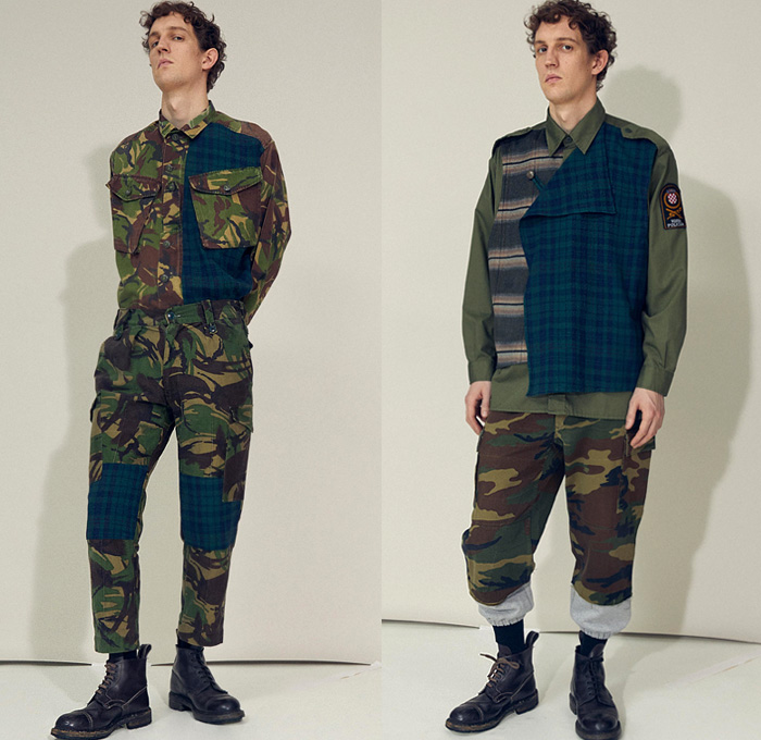 MYAR 2020-2021 Fall Autumn Winter Mens Lookbook Presentation - Mode à Paris Fashion Week Mode Masculine Homme France - Upcycled Vintage Military Sartorial Patchwork Knit Sweater Camo Camouflage Plaid Check Long Sleeve Shirt Cargo Utility Flap Pockets Layers Outerwear Parka Coat Galoshes Boots