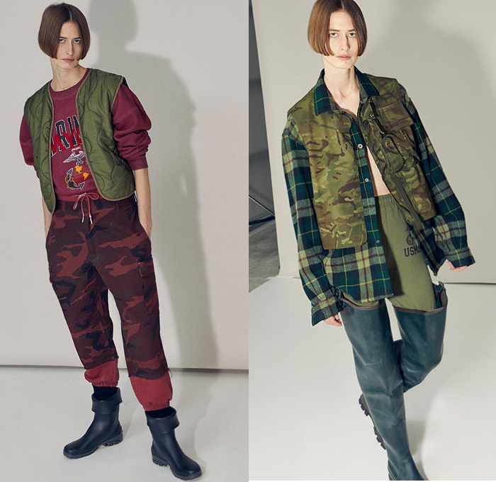 MYAR 2020-2021 Fall Autumn Winter Womens Lookbook Presentation - Mode à Paris Fashion Week Mode Masculine Homme France - Upcycled Vintage Military Sartorial Plaid Check Fold Over Button Long Sleeve Blouse Quilted Puffer Sleeveless Vest Waistcoat Cargo Utility Flap Pockets Trench Coat Jacket Sweater Camo Camouflage Galoshes Thigh High Fisherman Mud Boots