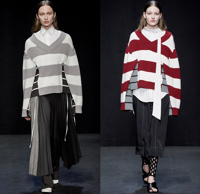 MRZ by Simona Marziali 2020-2021 Fall Autumn Winter Womens Runway Catwalk Looks - Milano Moda Donna Collezione Milan Fashion Week Italy - Deconstructed Turtleneck Knit Sweater Stripes Pinstripe Check Mix Patchwork Panels Blouse Layers Sweaterdress Cardigan Strings Sleeveless Vest Draped Hanging Sleeves Elongated Sweatshirt Hoodie Pantsuit Accordion Pleats Skirt Angular Hem Wide Leg Pants Culottes Shorts Mesh Leggings