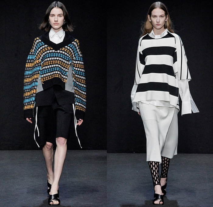 MRZ by Simona Marziali 2020-2021 Fall Autumn Winter Womens Runway Catwalk Looks - Milano Moda Donna Collezione Milan Fashion Week Italy - Deconstructed Turtleneck Knit Sweater Stripes Pinstripe Check Mix Patchwork Panels Blouse Layers Sweaterdress Cardigan Strings Sleeveless Vest Draped Hanging Sleeves Elongated Sweatshirt Hoodie Pantsuit Accordion Pleats Skirt Angular Hem Wide Leg Pants Culottes Shorts Mesh Leggings