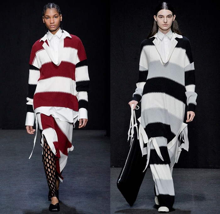 MRZ by Simona Marziali 2020-2021 Fall Autumn Winter Womens Runway Catwalk Looks - Milano Moda Donna Collezione Milan Fashion Week Italy - Deconstructed Turtleneck Knit Sweater Stripes Pinstripe Check Mix Patchwork Panels Blouse Layers Sweaterdress Cardigan Strings Sleeveless Vest Draped Hanging Sleeves Elongated Sweatshirt Hoodie Pantsuit Accordion Pleats Skirt Angular Hem Wide Leg Pants Culottes Shorts Mesh Leggings