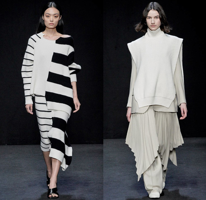 MRZ by Simona Marziali 2020-2021 Fall Autumn Winter Womens Runway Catwalk Looks - Milano Moda Donna Collezione Milan Fashion Week Italy - Deconstructed Turtleneck Knit Sweater Stripes Pinstripe Check Mix Patchwork Panels Blouse Layers Sweaterdress Cardigan Strings Sleeveless Vest Draped Hanging Sleeves Elongated Sweatshirt Hoodie Pantsuit Accordion Pleats Skirt Angular Hem Wide Leg Pants Culottes Shorts Mesh Leggings