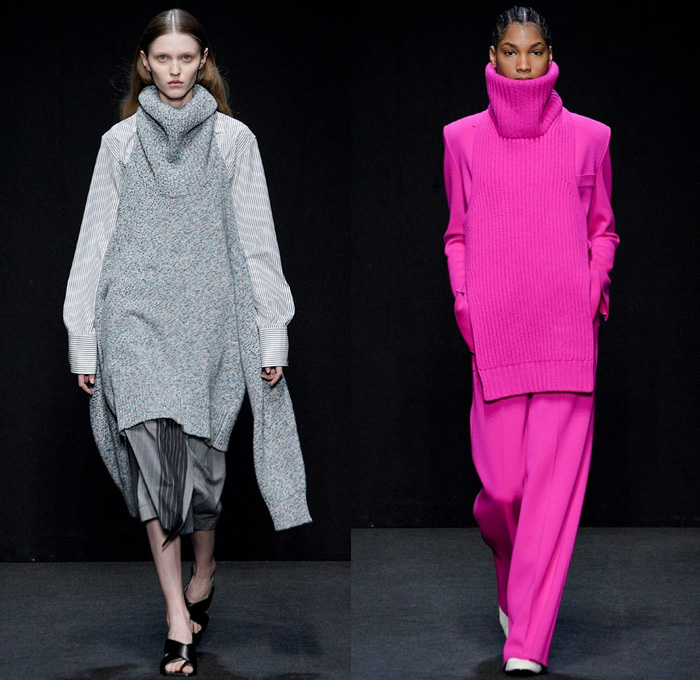 MRZ by Simona Marziali 2020-2021 Fall Autumn Winter Womens Runway Catwalk Looks - Milano Moda Donna Collezione Milan Fashion Week Italy - Deconstructed Turtleneck Knit Sweater Stripes Pinstripe Check Mix Patchwork Panels Blouse Layers Sweaterdress Cardigan Strings Sleeveless Vest Draped Hanging Sleeves Elongated Sweatshirt Hoodie Pantsuit Accordion Pleats Skirt Angular Hem Wide Leg Pants Culottes Shorts Mesh Leggings