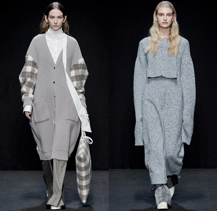 MRZ by Simona Marziali 2020-2021 Fall Autumn Winter Womens Runway Catwalk Looks - Milano Moda Donna Collezione Milan Fashion Week Italy - Deconstructed Turtleneck Knit Sweater Stripes Pinstripe Check Mix Patchwork Panels Blouse Layers Sweaterdress Cardigan Strings Sleeveless Vest Draped Hanging Sleeves Elongated Sweatshirt Hoodie Pantsuit Accordion Pleats Skirt Angular Hem Wide Leg Pants Culottes Shorts Mesh Leggings