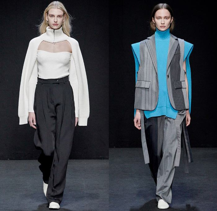 MRZ by Simona Marziali 2020-2021 Fall Autumn Winter Womens Runway Catwalk Looks - Milano Moda Donna Collezione Milan Fashion Week Italy - Deconstructed Turtleneck Knit Sweater Stripes Pinstripe Check Mix Patchwork Panels Blouse Layers Sweaterdress Cardigan Strings Sleeveless Vest Draped Hanging Sleeves Elongated Sweatshirt Hoodie Pantsuit Accordion Pleats Skirt Angular Hem Wide Leg Pants Culottes Shorts Mesh Leggings