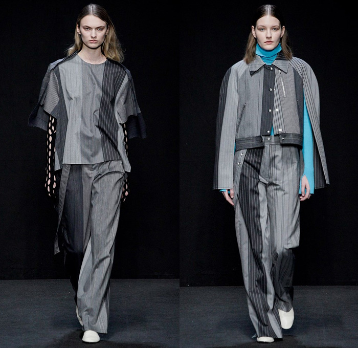 MRZ by Simona Marziali 2020-2021 Fall Autumn Winter Womens Runway Catwalk Looks - Milano Moda Donna Collezione Milan Fashion Week Italy - Deconstructed Turtleneck Knit Sweater Stripes Pinstripe Check Mix Patchwork Panels Blouse Layers Sweaterdress Cardigan Strings Sleeveless Vest Draped Hanging Sleeves Elongated Sweatshirt Hoodie Pantsuit Accordion Pleats Skirt Angular Hem Wide Leg Pants Culottes Shorts Mesh Leggings