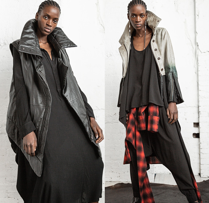 Nicholas K 2020-2021 Fall Autumn Winter Womens Lookbook Presentation - New York Fashion Week NYFW - Draped Slouchy Hippie Nomadic Quilted Puffer Vest Shirtdress Onesie Burnt Ombré Leather Jacket Plaid Check Tartan Tied Know Wool Fleece Shearling Coat Knit Cardigan Pellegrina Cape Cinch Straps Shawl Blanket One Shoulder Furisode Kimono Wide Hanging Sleeves Arm Slit Maxi Dress Gown MC Hammer Bobby Brown Harem Pants Platform Sandals