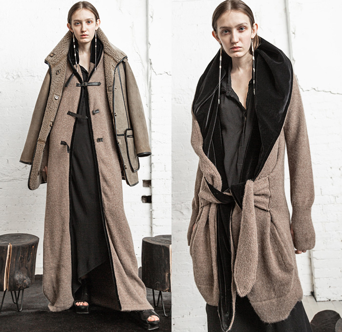 Nicholas K 2020-2021 Fall Autumn Winter Womens Lookbook Presentation - New York Fashion Week NYFW - Draped Slouchy Hippie Nomadic Quilted Puffer Vest Shirtdress Onesie Burnt Ombré Leather Jacket Plaid Check Tartan Tied Know Wool Fleece Shearling Coat Knit Cardigan Pellegrina Cape Cinch Straps Shawl Blanket One Shoulder Furisode Kimono Wide Hanging Sleeves Arm Slit Maxi Dress Gown MC Hammer Bobby Brown Harem Pants Platform Sandals