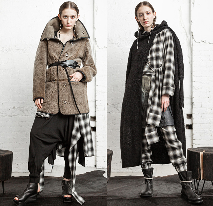 Nicholas K 2020-2021 Fall Autumn Winter Womens Lookbook Presentation - New York Fashion Week NYFW - Draped Slouchy Hippie Nomadic Quilted Puffer Vest Shirtdress Onesie Burnt Ombré Leather Jacket Plaid Check Tartan Tied Know Wool Fleece Shearling Coat Knit Cardigan Pellegrina Cape Cinch Straps Shawl Blanket One Shoulder Furisode Kimono Wide Hanging Sleeves Arm Slit Maxi Dress Gown MC Hammer Bobby Brown Harem Pants Platform Sandals