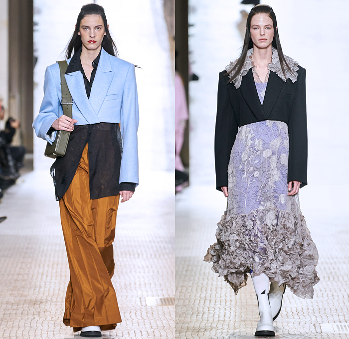 Nina Ricci 2020-2021 Fall Autumn Winter Womens Runway Catwalk Looks - Paris Fashion Week Femme PFW - Vase Hat Cropped Blazer Pantsuit Dutch Kraplap Breastcloth Bib Pellegrina Capelet Long Sleeve Blouse Sheer Houndstooth Check Wrinkled Flowers Floral Plants Embroidery Ruffles Crumpled Silk Satin Knit Braid Crochet  Cross Wrap Sweater Coat Patchwork Dress Pinstripe Sailor Collar Lapel Hanging Sleeve Voluminous Draped Puff Ball One Shoulder Tights Wide Leg Palazzo Pants Handbag Boots