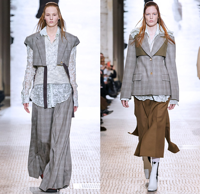 Nina Ricci 2020-2021 Fall Autumn Winter Womens Runway Catwalk Looks - Paris Fashion Week Femme PFW - Vase Hat Cropped Blazer Pantsuit Dutch Kraplap Breastcloth Bib Pellegrina Capelet Long Sleeve Blouse Sheer Houndstooth Check Wrinkled Flowers Floral Plants Embroidery Ruffles Crumpled Silk Satin Knit Braid Crochet  Cross Wrap Sweater Coat Patchwork Dress Pinstripe Sailor Collar Lapel Hanging Sleeve Voluminous Draped Puff Ball One Shoulder Tights Wide Leg Palazzo Pants Handbag Boots