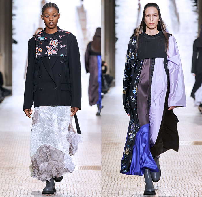 Nina Ricci 2020-2021 Fall Autumn Winter Womens Runway Catwalk Looks - Paris Fashion Week Femme PFW - Vase Hat Cropped Blazer Pantsuit Dutch Kraplap Breastcloth Bib Pellegrina Capelet Long Sleeve Blouse Sheer Houndstooth Check Wrinkled Flowers Floral Plants Embroidery Ruffles Crumpled Silk Satin Knit Braid Crochet  Cross Wrap Sweater Coat Patchwork Dress Pinstripe Sailor Collar Lapel Hanging Sleeve Voluminous Draped Puff Ball One Shoulder Tights Wide Leg Palazzo Pants Handbag Boots