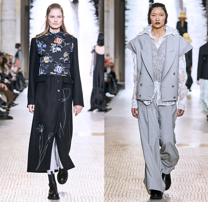 Nina Ricci 2020-2021 Fall Autumn Winter Womens Runway Catwalk Looks - Paris Fashion Week Femme PFW - Vase Hat Cropped Blazer Pantsuit Dutch Kraplap Breastcloth Bib Pellegrina Capelet Long Sleeve Blouse Sheer Houndstooth Check Wrinkled Flowers Floral Plants Embroidery Ruffles Crumpled Silk Satin Knit Braid Crochet  Cross Wrap Sweater Coat Patchwork Dress Pinstripe Sailor Collar Lapel Hanging Sleeve Voluminous Draped Puff Ball One Shoulder Tights Wide Leg Palazzo Pants Handbag Boots