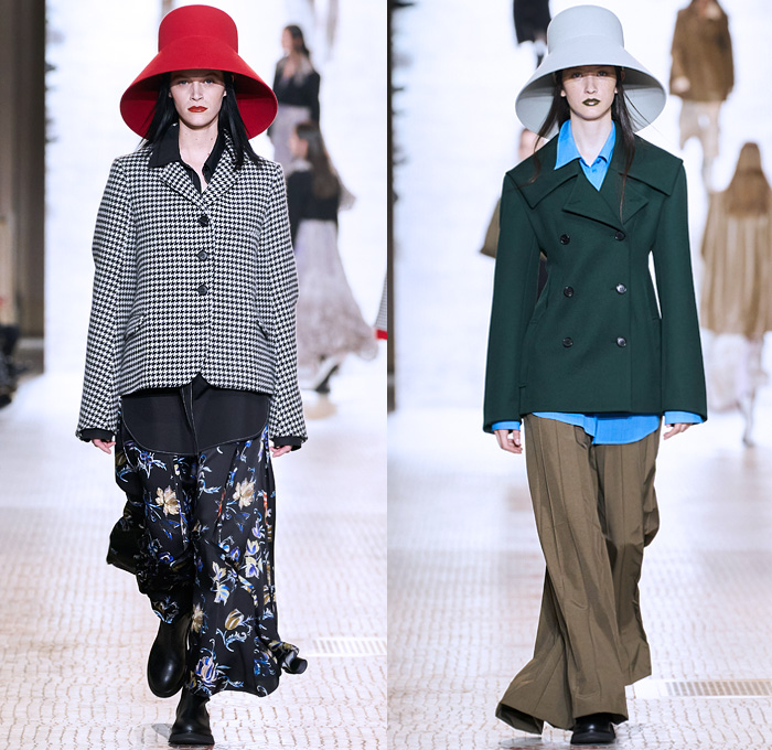 Nina Ricci 2020-2021 Fall Autumn Winter Womens Runway Catwalk Looks - Paris Fashion Week Femme PFW - Vase Hat Cropped Blazer Pantsuit Dutch Kraplap Breastcloth Bib Pellegrina Capelet Long Sleeve Blouse Sheer Houndstooth Check Wrinkled Flowers Floral Plants Embroidery Ruffles Crumpled Silk Satin Knit Braid Crochet  Cross Wrap Sweater Coat Patchwork Dress Pinstripe Sailor Collar Lapel Hanging Sleeve Voluminous Draped Puff Ball One Shoulder Tights Wide Leg Palazzo Pants Handbag Boots