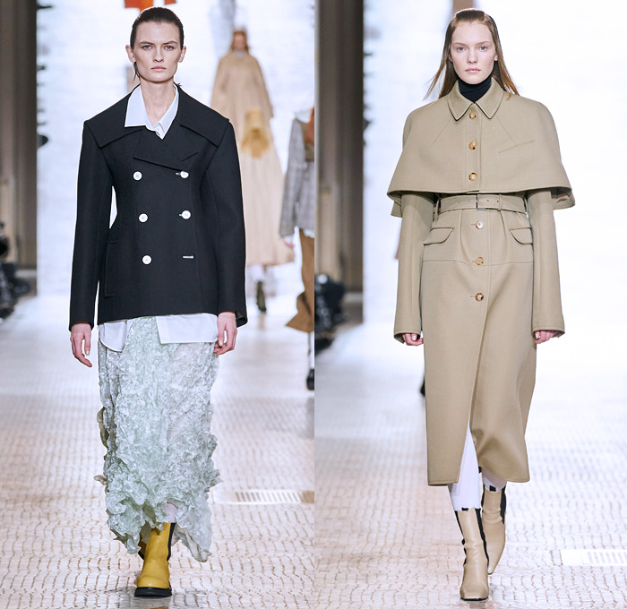 Nina Ricci 2020-2021 Fall Autumn Winter Womens Runway Catwalk Looks - Paris Fashion Week Femme PFW - Vase Hat Cropped Blazer Pantsuit Dutch Kraplap Breastcloth Bib Pellegrina Capelet Long Sleeve Blouse Sheer Houndstooth Check Wrinkled Flowers Floral Plants Embroidery Ruffles Crumpled Silk Satin Knit Braid Crochet  Cross Wrap Sweater Coat Patchwork Dress Pinstripe Sailor Collar Lapel Hanging Sleeve Voluminous Draped Puff Ball One Shoulder Tights Wide Leg Palazzo Pants Handbag Boots