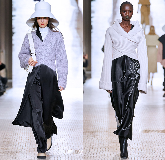 Nina Ricci 2020-2021 Fall Autumn Winter Womens Runway Catwalk Looks - Paris Fashion Week Femme PFW - Vase Hat Cropped Blazer Pantsuit Dutch Kraplap Breastcloth Bib Pellegrina Capelet Long Sleeve Blouse Sheer Houndstooth Check Wrinkled Flowers Floral Plants Embroidery Ruffles Crumpled Silk Satin Knit Braid Crochet  Cross Wrap Sweater Coat Patchwork Dress Pinstripe Sailor Collar Lapel Hanging Sleeve Voluminous Draped Puff Ball One Shoulder Tights Wide Leg Palazzo Pants Handbag Boots