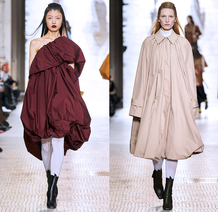 Nina Ricci 2020-2021 Fall Autumn Winter Womens Runway Catwalk Looks - Paris Fashion Week Femme PFW - Vase Hat Cropped Blazer Pantsuit Dutch Kraplap Breastcloth Bib Pellegrina Capelet Long Sleeve Blouse Sheer Houndstooth Check Wrinkled Flowers Floral Plants Embroidery Ruffles Crumpled Silk Satin Knit Braid Crochet  Cross Wrap Sweater Coat Patchwork Dress Pinstripe Sailor Collar Lapel Hanging Sleeve Voluminous Draped Puff Ball One Shoulder Tights Wide Leg Palazzo Pants Handbag Boots