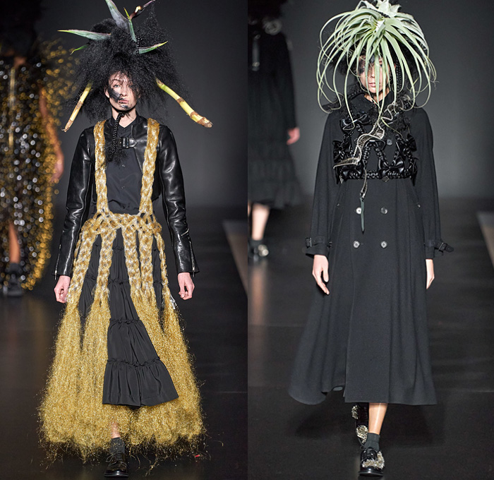 Noir Kei Ninomiya 2020-2021 Fall Autumn Winter Womens Runway Catwalk Looks - Mode à Paris Fashion Week France - Sculpture Voluminous Red Black Plants Leaves Cloud Bush Steel Wool Wires Fringes Rope Braid Weave Ruffles Tiered Plaid Check Tartan Bows Harness Fringes Crop Top Leather Jacket Hoodie Trench Coat Pearls Pins Sphere Trompe L'oeil Plastic Ostrich Feathers Hair Fur Dress Skirt Gown Sheer Tulle Bedazzled Studs Oxford Shoes