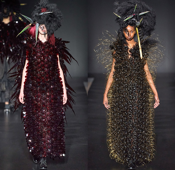 Noir Kei Ninomiya 2020-2021 Fall Autumn Winter Womens Runway Catwalk Looks - Mode à Paris Fashion Week France - Sculpture Voluminous Red Black Plants Leaves Cloud Bush Steel Wool Wires Fringes Rope Braid Weave Ruffles Tiered Plaid Check Tartan Bows Harness Fringes Crop Top Leather Jacket Hoodie Trench Coat Pearls Pins Sphere Trompe L'oeil Plastic Ostrich Feathers Hair Fur Dress Skirt Gown Sheer Tulle Bedazzled Studs Oxford Shoes