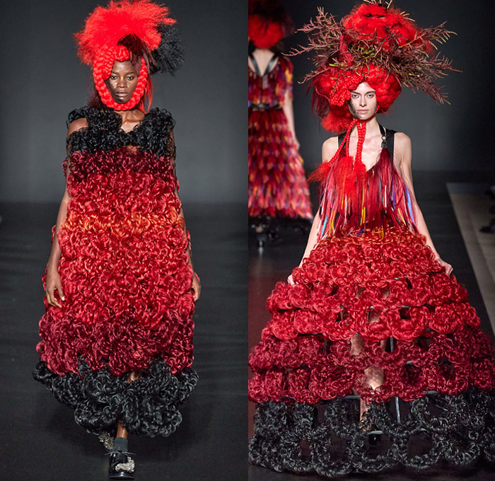 Noir Kei Ninomiya 2020-2021 Fall Autumn Winter Womens Runway Catwalk Looks - Mode à Paris Fashion Week France - Sculpture Voluminous Red Black Plants Leaves Cloud Bush Steel Wool Wires Fringes Rope Braid Weave Ruffles Tiered Plaid Check Tartan Bows Harness Fringes Crop Top Leather Jacket Hoodie Trench Coat Pearls Pins Sphere Trompe L'oeil Plastic Ostrich Feathers Hair Fur Dress Skirt Gown Sheer Tulle Bedazzled Studs Oxford Shoes