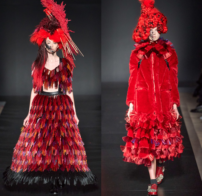 Noir Kei Ninomiya 2020-2021 Fall Autumn Winter Womens Runway Catwalk Looks - Mode à Paris Fashion Week France - Sculpture Voluminous Red Black Plants Leaves Cloud Bush Steel Wool Wires Fringes Rope Braid Weave Ruffles Tiered Plaid Check Tartan Bows Harness Fringes Crop Top Leather Jacket Hoodie Trench Coat Pearls Pins Sphere Trompe L'oeil Plastic Ostrich Feathers Hair Fur Dress Skirt Gown Sheer Tulle Bedazzled Studs Oxford Shoes