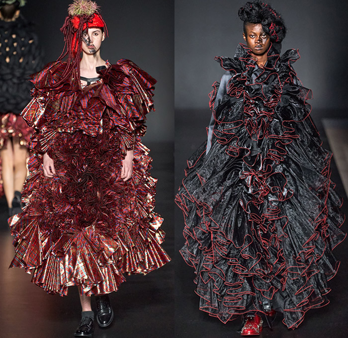 Noir Kei Ninomiya 2020-2021 Fall Autumn Winter Womens Runway Catwalk Looks - Mode à Paris Fashion Week France - Sculpture Voluminous Red Black Plants Leaves Cloud Bush Steel Wool Wires Fringes Rope Braid Weave Ruffles Tiered Plaid Check Tartan Bows Harness Fringes Crop Top Leather Jacket Hoodie Trench Coat Pearls Pins Sphere Trompe L'oeil Plastic Ostrich Feathers Hair Fur Dress Skirt Gown Sheer Tulle Bedazzled Studs Oxford Shoes