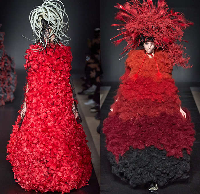 Noir Kei Ninomiya 2020-2021 Fall Autumn Winter Womens Runway Catwalk Looks - Mode à Paris Fashion Week France - Sculpture Voluminous Red Black Plants Leaves Cloud Bush Steel Wool Wires Fringes Rope Braid Weave Ruffles Tiered Plaid Check Tartan Bows Harness Fringes Crop Top Leather Jacket Hoodie Trench Coat Pearls Pins Sphere Trompe L'oeil Plastic Ostrich Feathers Hair Fur Dress Skirt Gown Sheer Tulle Bedazzled Studs Oxford Shoes