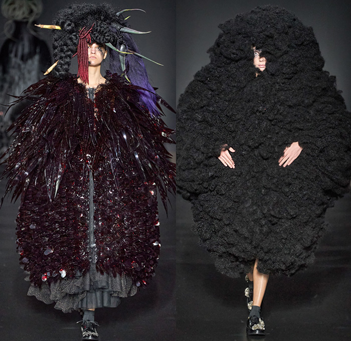 Noir Kei Ninomiya 2020-2021 Fall Autumn Winter Womens Runway Catwalk Looks - Mode à Paris Fashion Week France - Sculpture Voluminous Red Black Plants Leaves Cloud Bush Steel Wool Wires Fringes Rope Braid Weave Ruffles Tiered Plaid Check Tartan Bows Harness Fringes Crop Top Leather Jacket Hoodie Trench Coat Pearls Pins Sphere Trompe L'oeil Plastic Ostrich Feathers Hair Fur Dress Skirt Gown Sheer Tulle Bedazzled Studs Oxford Shoes