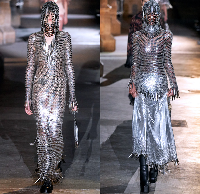 Paco Rabanne 2020-2021 Fall Autumn Winter Womens Runway Catwalk Looks - Paris Fashion Week Femme PFW - Joan of Arc Medieval Armor Scales Pailletes Assemblage Metal Hardware Chainmail Mesh Coif Gold Tassels Fringes Bedazzled Crystals Gems Sheer Tulle Hoodie Habit Guipure Lace Embroidery Jacquard Brocade Decorative Art Cape Pellegrina Dress Gown Skirt Military Coat Poncho Knit Turtleneck Cardigan Wool Fur Leather Flowers Floral Scarf Ruffles Velvet Platform Snakeskin Boots Gloves Purse