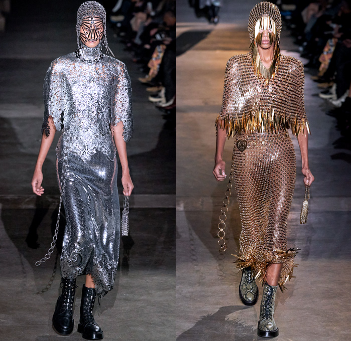 Paco Rabanne 2020-2021 Fall Autumn Winter Womens Runway Catwalk Looks - Paris Fashion Week Femme PFW - Joan of Arc Medieval Armor Scales Pailletes Assemblage Metal Hardware Chainmail Mesh Coif Gold Tassels Fringes Bedazzled Crystals Gems Sheer Tulle Hoodie Habit Guipure Lace Embroidery Jacquard Brocade Decorative Art Cape Pellegrina Dress Gown Skirt Military Coat Poncho Knit Turtleneck Cardigan Wool Fur Leather Flowers Floral Scarf Ruffles Velvet Platform Snakeskin Boots Gloves Purse