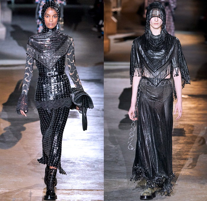 Paco Rabanne 2020-2021 Fall Autumn Winter Womens Runway Catwalk Looks - Paris Fashion Week Femme PFW - Joan of Arc Medieval Armor Scales Pailletes Assemblage Metal Hardware Chainmail Mesh Coif Gold Tassels Fringes Bedazzled Crystals Gems Sheer Tulle Hoodie Habit Guipure Lace Embroidery Jacquard Brocade Decorative Art Cape Pellegrina Dress Gown Skirt Military Coat Poncho Knit Turtleneck Cardigan Wool Fur Leather Flowers Floral Scarf Ruffles Velvet Platform Snakeskin Boots Gloves Purse