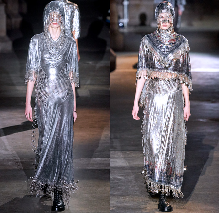 Paco Rabanne 2020-2021 Fall Autumn Winter Womens Runway Catwalk Looks - Paris Fashion Week Femme PFW - Joan of Arc Medieval Armor Scales Pailletes Assemblage Metal Hardware Chainmail Mesh Coif Gold Tassels Fringes Bedazzled Crystals Gems Sheer Tulle Hoodie Habit Guipure Lace Embroidery Jacquard Brocade Decorative Art Cape Pellegrina Dress Gown Skirt Military Coat Poncho Knit Turtleneck Cardigan Wool Fur Leather Flowers Floral Scarf Ruffles Velvet Platform Snakeskin Boots Gloves Purse