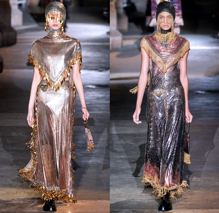 Paco Rabanne 2020-2021 Fall Autumn Winter Womens Runway Catwalk Looks - Paris Fashion Week Femme PFW - Joan of Arc Medieval Armor Scales Pailletes Assemblage Metal Hardware Chainmail Mesh Coif Gold Tassels Fringes Bedazzled Crystals Gems Sheer Tulle Hoodie Habit Guipure Lace Embroidery Jacquard Brocade Decorative Art Cape Pellegrina Dress Gown Skirt Military Coat Poncho Knit Turtleneck Cardigan Wool Fur Leather Flowers Floral Scarf Ruffles Velvet Platform Snakeskin Boots Gloves Purse