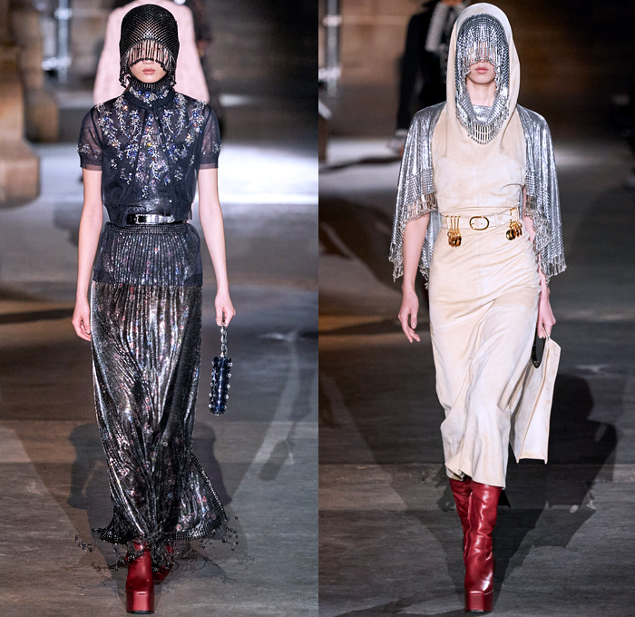 Paco Rabanne 2020-2021 Fall Autumn Winter Womens Runway Catwalk Looks - Paris Fashion Week Femme PFW - Joan of Arc Medieval Armor Scales Pailletes Assemblage Metal Hardware Chainmail Mesh Coif Gold Tassels Fringes Bedazzled Crystals Gems Sheer Tulle Hoodie Habit Guipure Lace Embroidery Jacquard Brocade Decorative Art Cape Pellegrina Dress Gown Skirt Military Coat Poncho Knit Turtleneck Cardigan Wool Fur Leather Flowers Floral Scarf Ruffles Velvet Platform Snakeskin Boots Gloves Purse