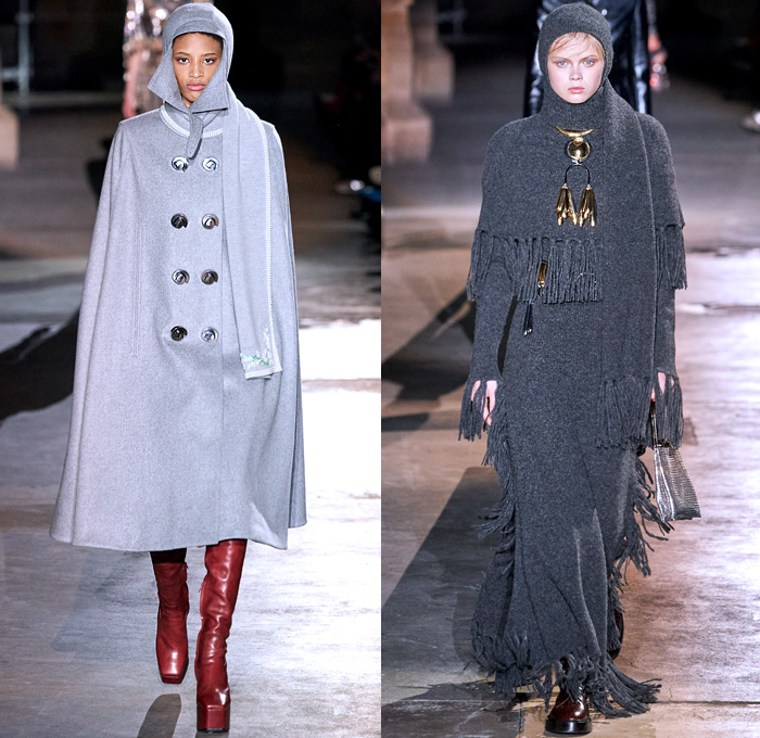 Paco Rabanne 2020-2021 Fall Autumn Winter Womens Runway Catwalk Looks - Paris Fashion Week Femme PFW - Joan of Arc Medieval Armor Scales Pailletes Assemblage Metal Hardware Chainmail Mesh Coif Gold Tassels Fringes Bedazzled Crystals Gems Sheer Tulle Hoodie Habit Guipure Lace Embroidery Jacquard Brocade Decorative Art Cape Pellegrina Dress Gown Skirt Military Coat Poncho Knit Turtleneck Cardigan Wool Fur Leather Flowers Floral Scarf Ruffles Velvet Platform Snakeskin Boots Gloves Purse