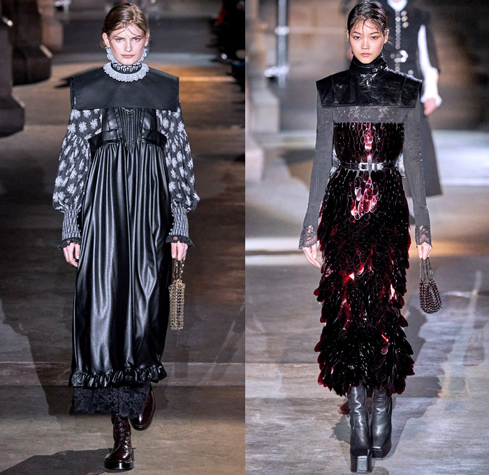 Paco Rabanne 2020-2021 Fall Autumn Winter Womens Runway Catwalk Looks - Paris Fashion Week Femme PFW - Joan of Arc Medieval Armor Scales Pailletes Assemblage Metal Hardware Chainmail Mesh Coif Gold Tassels Fringes Bedazzled Crystals Gems Sheer Tulle Hoodie Habit Guipure Lace Embroidery Jacquard Brocade Decorative Art Cape Pellegrina Dress Gown Skirt Military Coat Poncho Knit Turtleneck Cardigan Wool Fur Leather Flowers Floral Scarf Ruffles Velvet Platform Snakeskin Boots Gloves Purse