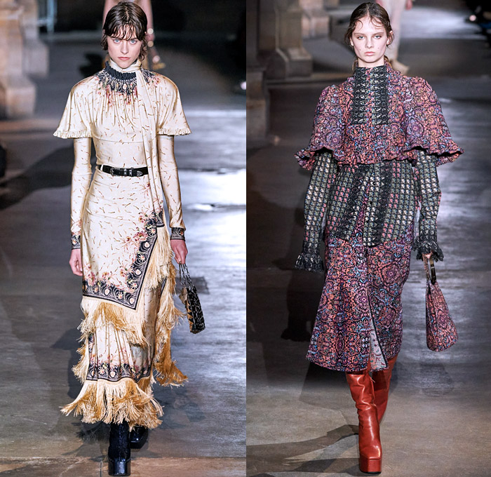 Paco Rabanne 2020-2021 Fall Autumn Winter Womens Runway Catwalk Looks - Paris Fashion Week Femme PFW - Joan of Arc Medieval Armor Scales Pailletes Assemblage Metal Hardware Chainmail Mesh Coif Gold Tassels Fringes Bedazzled Crystals Gems Sheer Tulle Hoodie Habit Guipure Lace Embroidery Jacquard Brocade Decorative Art Cape Pellegrina Dress Gown Skirt Military Coat Poncho Knit Turtleneck Cardigan Wool Fur Leather Flowers Floral Scarf Ruffles Velvet Platform Snakeskin Boots Gloves Purse