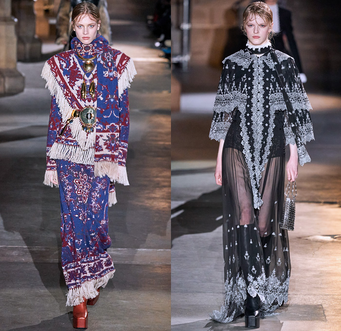 Paco Rabanne 2020-2021 Fall Autumn Winter Womens Runway Catwalk Looks - Paris Fashion Week Femme PFW - Joan of Arc Medieval Armor Scales Pailletes Assemblage Metal Hardware Chainmail Mesh Coif Gold Tassels Fringes Bedazzled Crystals Gems Sheer Tulle Hoodie Habit Guipure Lace Embroidery Jacquard Brocade Decorative Art Cape Pellegrina Dress Gown Skirt Military Coat Poncho Knit Turtleneck Cardigan Wool Fur Leather Flowers Floral Scarf Ruffles Velvet Platform Snakeskin Boots Gloves Purse