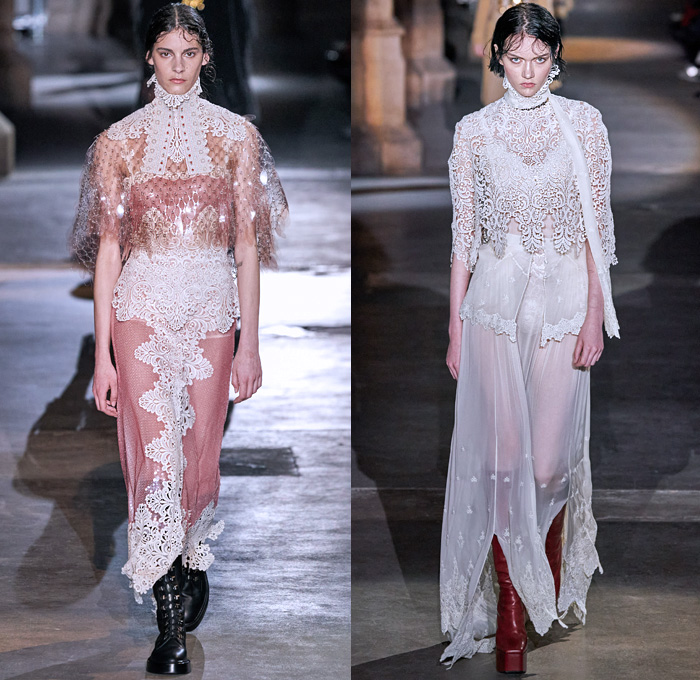Paco Rabanne 2020-2021 Fall Autumn Winter Womens Runway Catwalk Looks - Paris Fashion Week Femme PFW - Joan of Arc Medieval Armor Scales Pailletes Assemblage Metal Hardware Chainmail Mesh Coif Gold Tassels Fringes Bedazzled Crystals Gems Sheer Tulle Hoodie Habit Guipure Lace Embroidery Jacquard Brocade Decorative Art Cape Pellegrina Dress Gown Skirt Military Coat Poncho Knit Turtleneck Cardigan Wool Fur Leather Flowers Floral Scarf Ruffles Velvet Platform Snakeskin Boots Gloves Purse