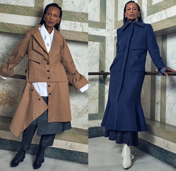 palmer//harding 2020-2021 Fall Autumn Winter Womens Lookbook Presentation - London Fashion Week Collections UK - Deconstructed Tailored Long Sleeve Shirt Blouse Mullet High-Low Hem Shirtdress Onesie Cinch Pantsuit Belt Strap Blazer Jacket Asymmetrical Buttons Coat Stripes Scarf Double Lapel Removable Panels Denim Jeans Frock Cargo Flap Pockets Wide Cuffs Oversized Knit Turtleneck Sweater Wide Leg Palazzo Pants Cape Midi Skirt Boots Heels