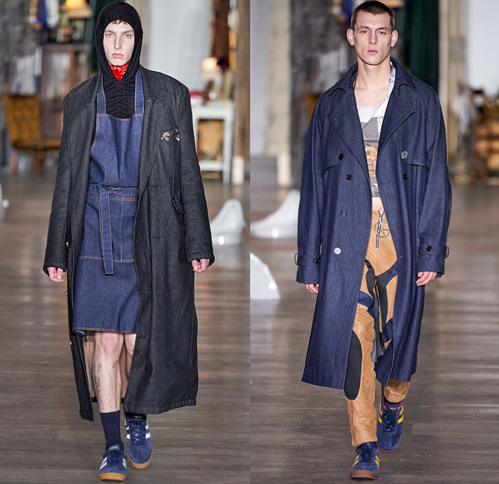 Per Götesson 2020-2021 Fall Autumn Winter Mens Runway Looks - London Fashion Week Mens Collections UK - Playwright Joe Orton Patchwork Old Magazines Collage Sweater Eye Print Choker Cinch Hoodie Apron Bib Outerwear Coat Velvet Keys Chain Vest Gilet Crop Top Midriff Asymmetrical Closure Slouchy Wide Leg Denim Jeans Leather Panels Motorcycle Biker Pants Shorts Crossbody Waist Pouch Fanny Pack Bum Bag Sneakers