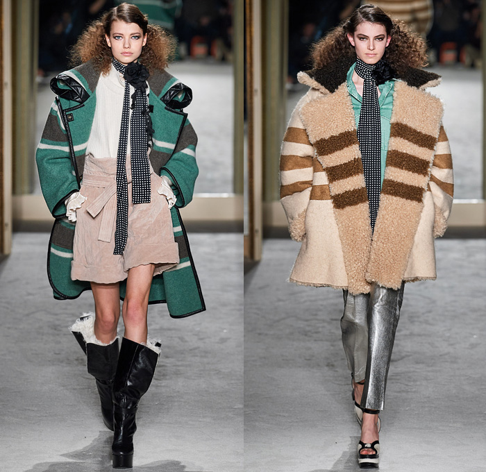 Philosophy di Lorenzo Serafini 2020-2021 Fall Autumn Winter Womens Runway Catwalk Looks - Mode à Paris Fashion Week France - 1970s Seventies Dip-Dye Ombré Wool Fleece Stripes Coat Poncho Fur Shearling Polka Dots Scarf Bedazzled Crystals Studs Feathers Fringes Ruffles Onesie Jumpsuit Coveralls Pantsuit Knit Sweater Boxy High Shoulders Prairie Dress Boho Chic Pleats Satin Velvet Paper Bag Waist Quilted Denim Jeans Trompe L'oeil Flowers Floral Shorts Metallic Silver Boots Handbag