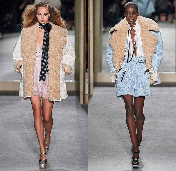 Philosophy di Lorenzo Serafini 2020-2021 Fall Autumn Winter Womens Runway Catwalk Looks - Mode à Paris Fashion Week France - 1970s Seventies Dip-Dye Ombré Wool Fleece Stripes Coat Poncho Fur Shearling Polka Dots Scarf Bedazzled Crystals Studs Feathers Fringes Ruffles Onesie Jumpsuit Coveralls Pantsuit Knit Sweater Boxy High Shoulders Prairie Dress Boho Chic Pleats Satin Velvet Paper Bag Waist Quilted Denim Jeans Trompe L'oeil Flowers Floral Shorts Metallic Silver Boots Handbag