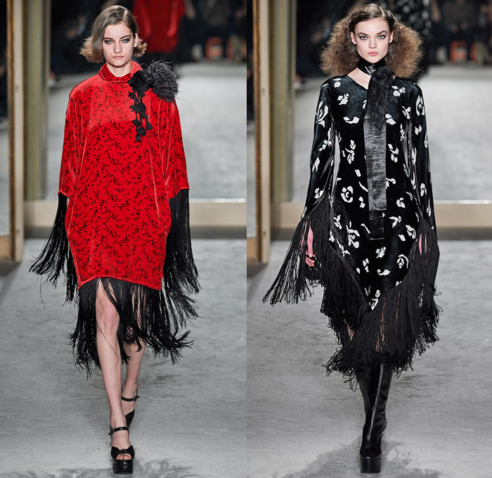 Philosophy di Lorenzo Serafini 2020-2021 Fall Autumn Winter Womens Runway Catwalk Looks - Mode à Paris Fashion Week France - 1970s Seventies Dip-Dye Ombré Wool Fleece Stripes Coat Poncho Fur Shearling Polka Dots Scarf Bedazzled Crystals Studs Feathers Fringes Ruffles Onesie Jumpsuit Coveralls Pantsuit Knit Sweater Boxy High Shoulders Prairie Dress Boho Chic Pleats Satin Velvet Paper Bag Waist Quilted Denim Jeans Trompe L'oeil Flowers Floral Shorts Metallic Silver Boots Handbag