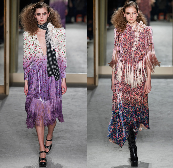 Philosophy di Lorenzo Serafini 2020-2021 Fall Autumn Winter Womens Runway Catwalk Looks - Mode à Paris Fashion Week France - 1970s Seventies Dip-Dye Ombré Wool Fleece Stripes Coat Poncho Fur Shearling Polka Dots Scarf Bedazzled Crystals Studs Feathers Fringes Ruffles Onesie Jumpsuit Coveralls Pantsuit Knit Sweater Boxy High Shoulders Prairie Dress Boho Chic Pleats Satin Velvet Paper Bag Waist Quilted Denim Jeans Trompe L'oeil Flowers Floral Shorts Metallic Silver Boots Handbag