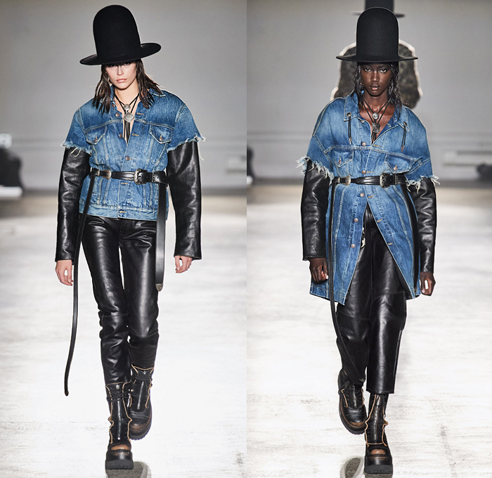 R13 by Chris Leba 2020-2021 Fall Autumn Winter Womens Runway Catwalk Looks - New York Fashion Week NYFW - Ten Gallon Hat Americana Western Bolo Tie Destroyed Destructed Frayed Raw Hem Denim Jeans Layers Leather Zipper Coat Parka Motorcycle Biker Aviator Jacket Vest Fur Shearling Nylon Patchwork Lace Embroidery Knit Camouflage Flowers Floral Fringes U2 Concert Photo Print Noodle Strap Slip Dress Asymmetrical Closure Blouse Leopard Cheetah Check Plaid Military Boots