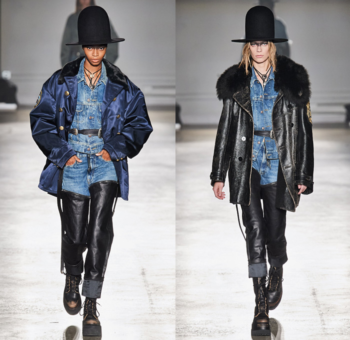 R13 by Chris Leba 2020-2021 Fall Autumn Winter Womens Runway Catwalk Looks - New York Fashion Week NYFW - Ten Gallon Hat Americana Western Bolo Tie Destroyed Destructed Frayed Raw Hem Denim Jeans Layers Leather Zipper Coat Parka Motorcycle Biker Aviator Jacket Vest Fur Shearling Nylon Patchwork Lace Embroidery Knit Camouflage Flowers Floral Fringes U2 Concert Photo Print Noodle Strap Slip Dress Asymmetrical Closure Blouse Leopard Cheetah Check Plaid Military Boots