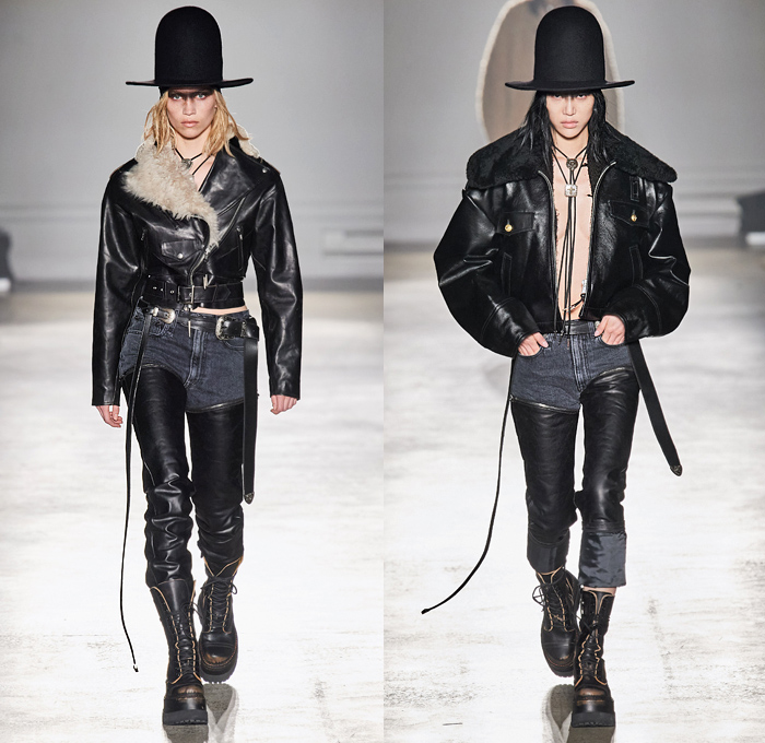 R13 by Chris Leba 2020-2021 Fall Autumn Winter Womens Runway Catwalk Looks - New York Fashion Week NYFW - Ten Gallon Hat Americana Western Bolo Tie Destroyed Destructed Frayed Raw Hem Denim Jeans Layers Leather Zipper Coat Parka Motorcycle Biker Aviator Jacket Vest Fur Shearling Nylon Patchwork Lace Embroidery Knit Camouflage Flowers Floral Fringes U2 Concert Photo Print Noodle Strap Slip Dress Asymmetrical Closure Blouse Leopard Cheetah Check Plaid Military Boots